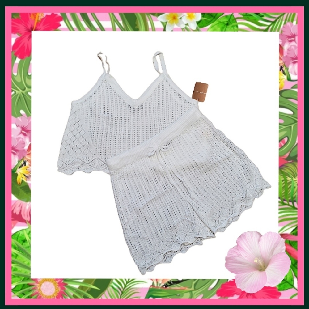 WHITE ☆ BOHO ☆ SCALLOPED EDGE CROCHET ☆ 2-PC. SHORTS SET ☆ NWT
